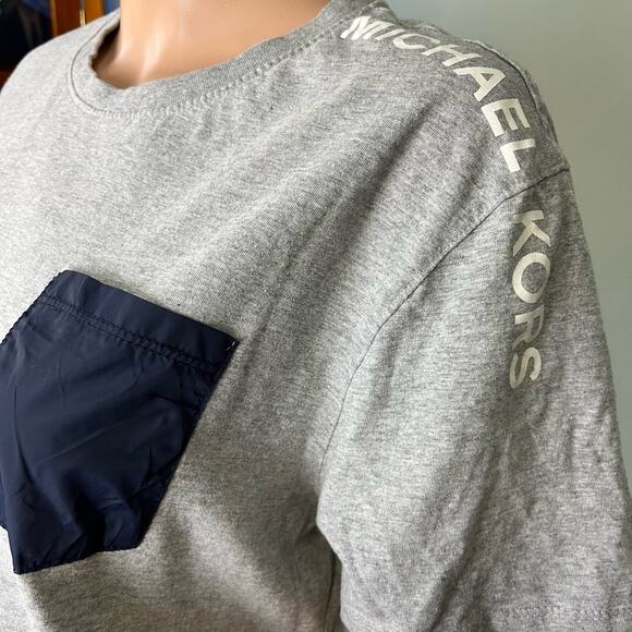 Michael Kors Spellout Tee Gray With Black Pocket Casual Designer Boxy Large - Picture 2 of 4